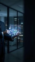 Businessman using holographic tablet displaying financial data analytics and charts in modern office at night for business intelligence and digital transformation.