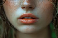 Close-up portrait of young woman with freckled skin and glossy coral lips showcasing natural beauty and skincare concept for cosmetics advertising.
