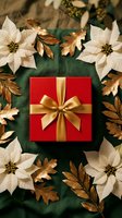 Red gift box with gold ribbon surrounded by white poinsettias and golden leaves on green fabric, festive Christmas flat lay.
