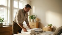 Middle-aged Caucasian man in beige shirt folding white laundry towels on bed in bright sunny bedroom with plants and natural light streaming through windows.