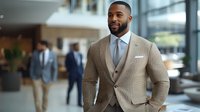 Young African American businessman in beige three-piece suit and tie walking confidently through modern office lobby, with blurred colleagues in background. Professional corporate setting.