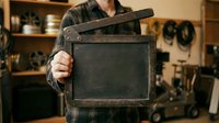Craftsperson holding vintage slate chalkboard in workshop studio, wearing work apron, surrounded by tools and equipment for construction, carpentry, or artisan business branding and marketing.