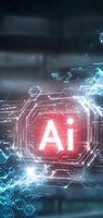 Glowing AI symbol surrounded by digital circuit patterns and electric blue energy effects on dark background, futuristic technology concept visualization.