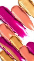 Colorful lipstick smears in pink, coral and gold tones on white background. Cosmetic makeup texture swatches for beauty and fashion design projects.