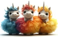 Adorable plush unicorn toys in tutu dresses featuring blue, coral pink, and yellow colors with silver horns and fluffy manes standing together against white background.