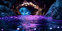 Magical night scene with glowing purple and pink bokeh lights reflecting on dark water surface near stone bridge, creating dreamy atmosphere for fantasy designs.