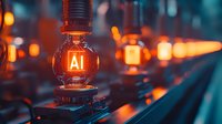 Glowing light bulb with AI symbol illuminated in orange against dark background with bokeh lights creating futuristic technology atmosphere.