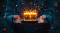 Glowing magical gift box floating between hands against dark background with sparkling light particles and bokeh effects creating mystical atmosphere.