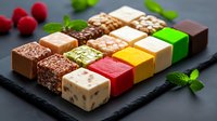 Colorful assortment of petit fours and mini dessert cubes arranged in geometric pattern on dark slate board with fresh mint leaves and raspberries for catering presentation.