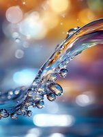 Crystal clear water stream with droplets and bokeh lights creating rainbow reflections for wellness and purity concepts.