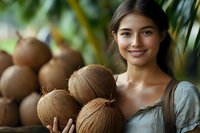Young Asian woman holding fresh coconuts at tropical market stall, smiling warmly while surrounded by natural brown coconuts and palm leaves.