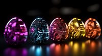 Glowing digital eggs with circuit pattern design in vibrant colors of purple, blue, red, gold and orange lined up against dark background with reflective surface.