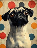 Artistic portrait of pug dog with expressive eyes against retro polka dot background in orange, red and blue colors. Modern pet art suitable for wall decor.