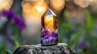 Crystal point with amethyst base and citrine top glowing in natural sunlight against blurred garden background, showcasing vibrant purple and golden hues in healing stone.