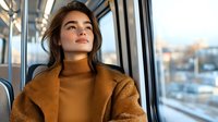 Young Caucasian woman in brown turtleneck and teddy coat gazing thoughtfully through train window during commute, natural lighting creates atmospheric mood.