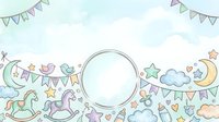 Pastel nursery scene with rocking horses, bunting flags, stars, clouds, and moon surrounding empty circle frame for text or design placement.