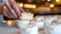 Soft ripened cheese with white mold rind being cut on wooden board. Close up view of artisanal French style cheese with creamy texture and bokeh background.