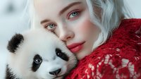 Young woman with platinum blonde hair and red lipstick embracing panda bear in close-up portrait against blurred background. Soft dreamy atmosphere with red lace details.
