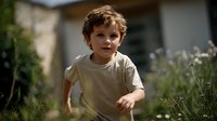 Young boy with curly hair running through wildflowers in garden, wearing beige t-shirt on summer day with blurred house background.