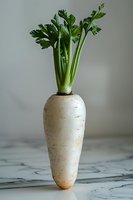 Fresh white daikon radish with green leaves on marble surface in moody lighting, showcasing natural organic produce for food photography and culinary content.