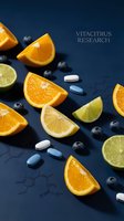 Fresh citrus fruits orange lime slices with blueberries and vitamin pills on dark blue background with molecular formula for health supplement research.