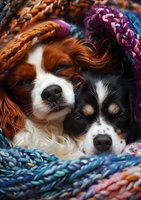 Sleeping Cavalier King Charles Spaniel puppies nestled together under colorful knitted blanket, showcasing pet comfort and companionship.