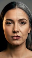 Middle-aged woman with gray hair showing natural aging process and mature beauty in studio portrait with dramatic lighting for skincare campaigns.