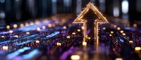 Glowing arrow shaped light installation with colorful bokeh background creates futuristic cityscape atmosphere at night, abstract urban illumination panorama.
