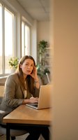 Stressed young Caucasian businesswoman working on laptop at office desk, holding head in hand showing work pressure and mental fatigue in modern workspace.