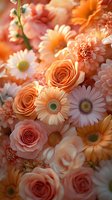 Delicate peach and coral roses blend with gerbera daisies in soft focus floral arrangement, creating dreamy romantic mood with gentle natural lighting.