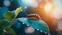 Colorful caterpillar crawling on wet green leaf covered in morning dew drops against blurred bokeh background in nature macro photography.