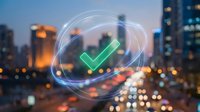 Green checkmark icon floating in transparent bubble over blurred city skyline at dusk with bokeh lights for business success and approval concepts.