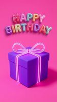 Happy Birthday text in colorful balloon letters above a purple gift box with glowing neon ribbon on a vibrant pink background.