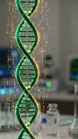 Green DNA double helix structure with golden light particles in modern laboratory setting for genetic research and biotechnology applications.