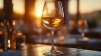 Glass of white wine on wooden table at sunset with warm bokeh lights creating romantic ambiance for restaurant, bar or winery promotion.