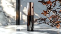 Luxury cosmetic black bottle with metallic cap on marble surface, soft natural lighting through window creates elegant shadows, brown leaves add organic accent.