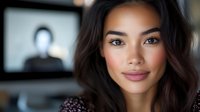 Young Asian woman with long dark hair smiling at camera during video call, laptop screen showing remote meeting participant in blurred background for telecommuting.
