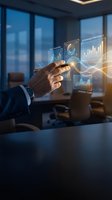 Businessman in dark suit interacting with holographic data analytics displays showing financial charts, graphs and governance protocols in modern office with city skyline view.