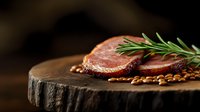 Raw beef steak with fresh rosemary sprig and scattered peppercorns on rustic wooden cutting board against dark background, dramatic food photography.