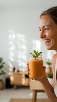 Middle-aged woman with brown hair smiling while holding a glass jar of fresh orange juice garnished with mint leaves in a bright, modern kitchen setting.