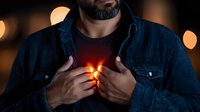 Dramatic portrait of man in denim jacket holding glowing light against chest with bokeh background, creating mysterious atmospheric mood for conceptual designs.