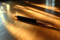 Black and gold pen resting on wooden desk surface with warm sunlight casting shadows, suitable for business, office, writing, and professional stationery concepts.