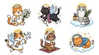 Cute cats and kittens with halos and wings as guardian angels, isolated on white background. Cartoon style illustrations perfect for greeting cards, children's designs, and festive projects.