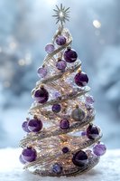 Elegant crystal Christmas tree decorated with purple amethyst spheres and silver spiral design, topped with star ornament on frosty winter background with bokeh lights.