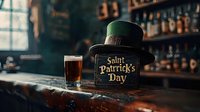 Festive St Patrick's Day celebration setup in traditional Irish pub with vintage green leprechaun hat and dark craft beer glass on rustic wooden bar counter in moody lighting.