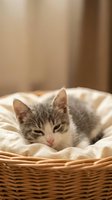 Adorable tabby kitten sleeping peacefully in wicker basket with soft cream blanket, cozy home interior background for pet care and animal welfare content.