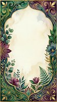 Ornate botanical frame with decorative scrollwork border, featuring purple and teal flowers, ferns, and foliage on cream background. Isolated design element ready for invitations, cards, posters, and digital projects.