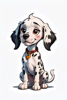 Adorable Dalmatian puppy with big expressive eyes and spotted coat wearing orange heart tag collar on white background, cartoon style illustration for children books.