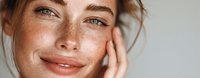 Close-up portrait of young Caucasian woman with freckles and natural beauty, touching face gently against light background.