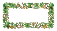 Decorative border frame with green top hats, four-leaf clovers, gold coins and Celtic knots for St. Patrick's Day celebrations and festive designs.